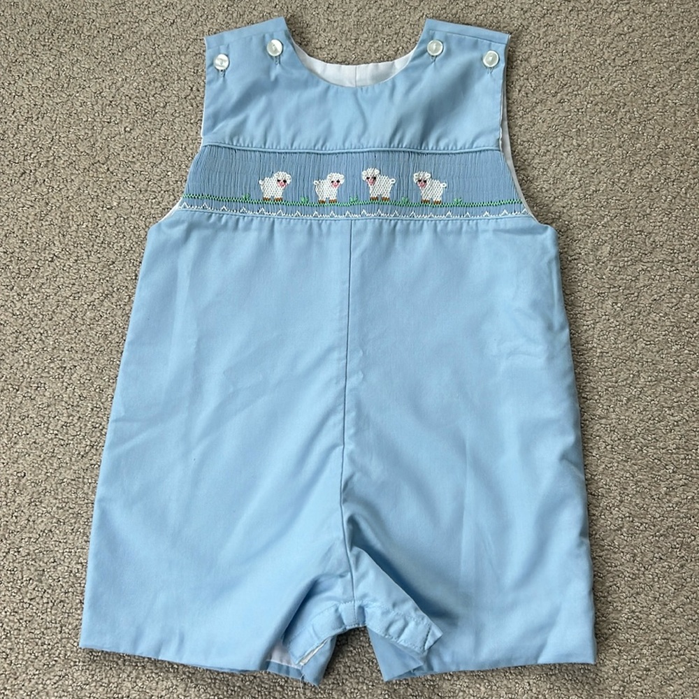 EUC Petit Bebe smocked lamb jon jon, size 9m